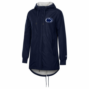 navy women's stadium jacket with white sherpa lining and Penn State Athletic Logo on left chest